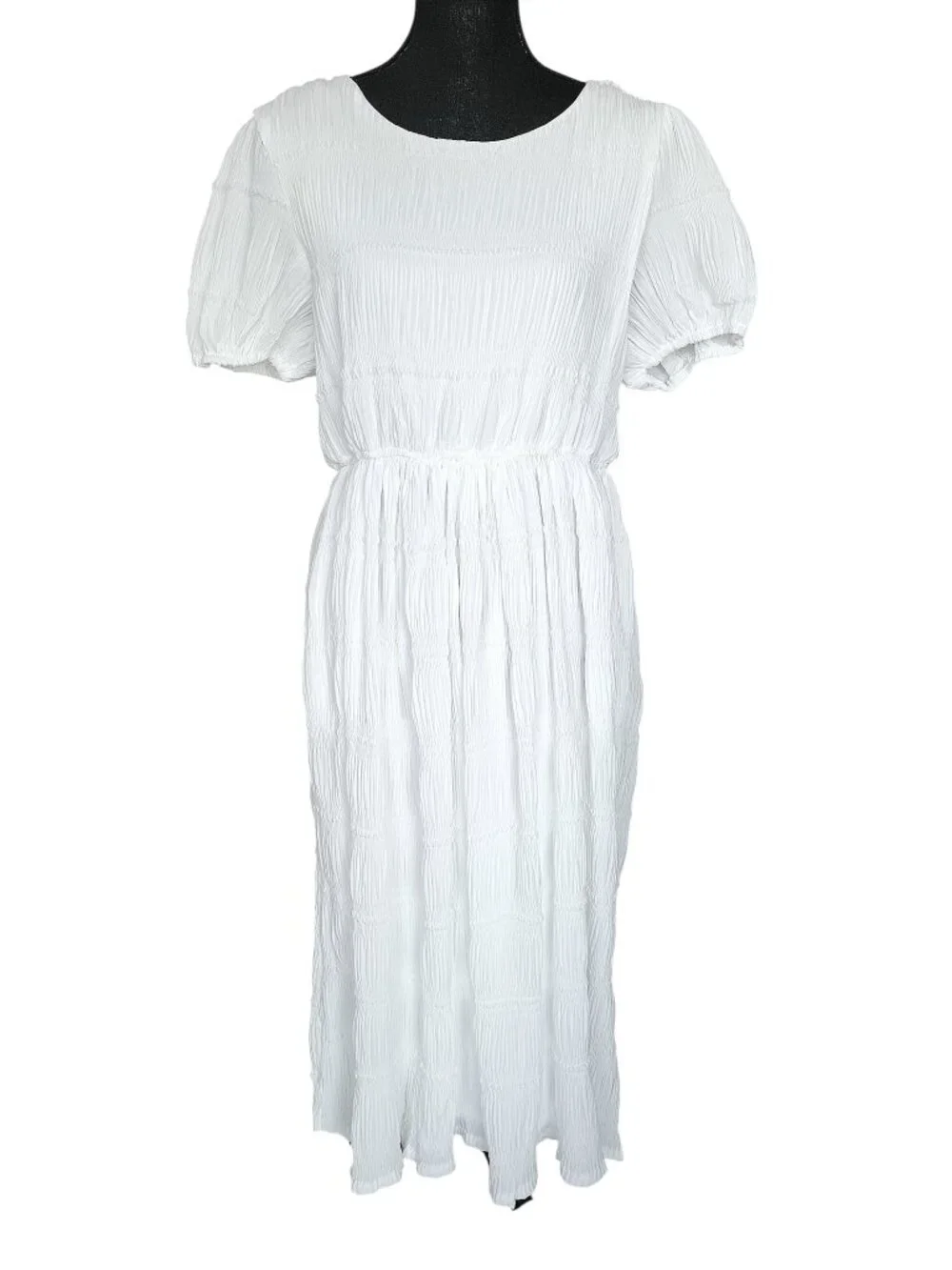 Hayden White Puff Sleeve Pleated Gather Boho Cottagecore Midi Dress Women's S - Picture 2 of 10